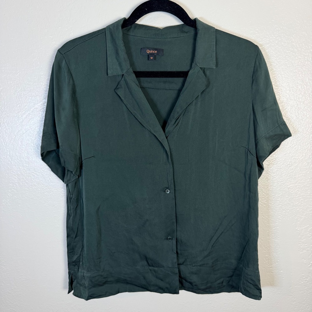 Quince Women's M Washable Stretch Silk Forest Green Notch Collar Blouse
